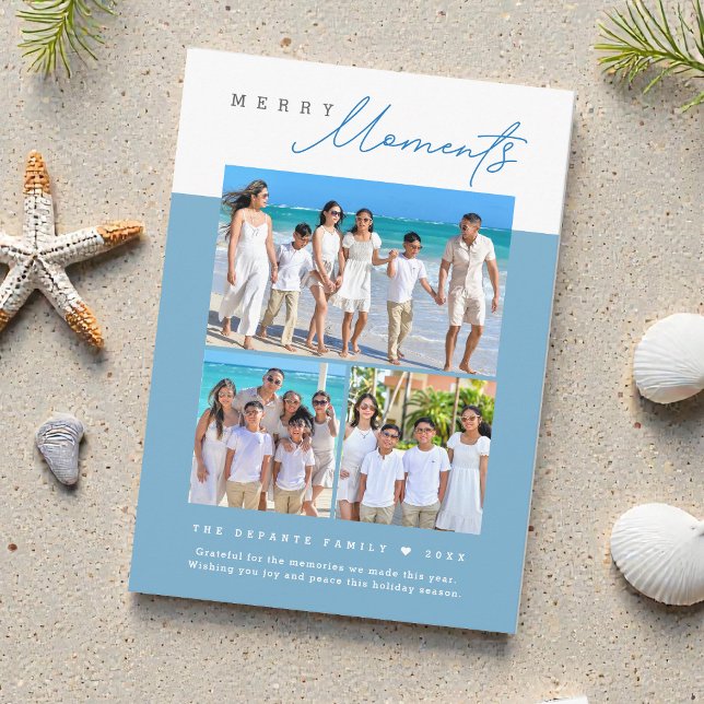Coastal blue Merry Moments family Photo collage Holiday Card (Coastal blue and white Merry Moments family beach vacation Christmas card.)