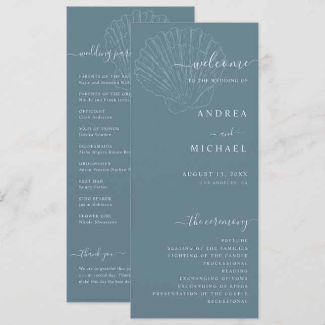 Coastal Blue Nautical Hand Drawn Seashell Wedding Programme (Front/Back)