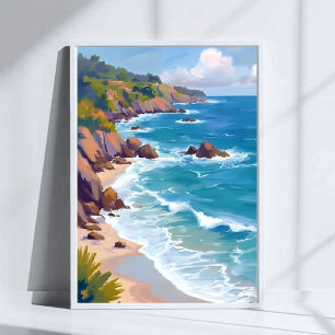 Coastal Blue Ocean Tide Watercolor Painting Poster