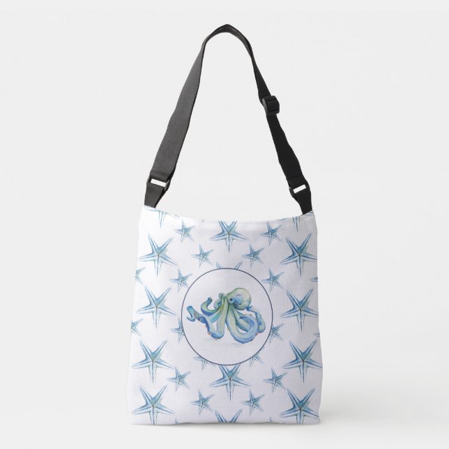 Coastal Blue Octopus and Starfish Watercolor Crossbody Bag (Front)