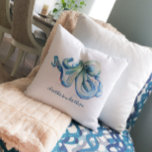 Coastal Blue Octopus Personalise Ocean Throw Cushion<br><div class="desc">Add nautical style to your home with my throw pillow in blue and a creamy off white, featuring a replica of my original hand painted watercolor octopus. Personalise your with your latitude and longitude map coordinates in hand lettered script typography. Watercolor Artwork by Victoria Rigali designs. To see more, visit...</div>