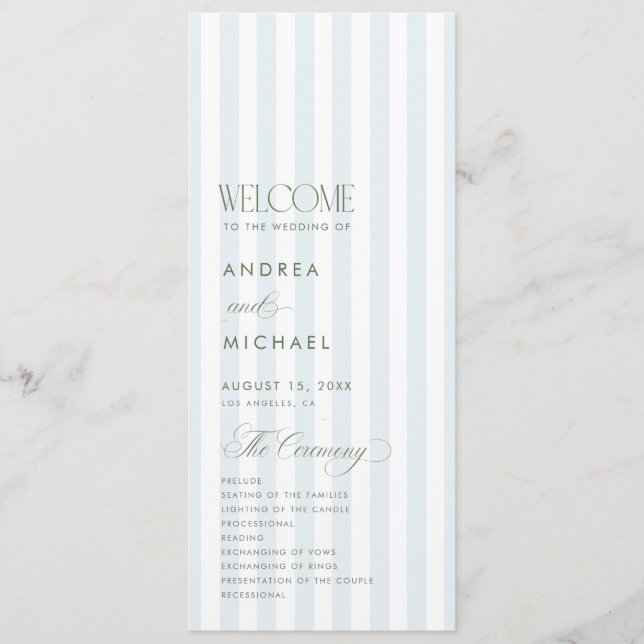 Coastal Blue Sage Green Elegant Stripes Wedding Programme (Front)