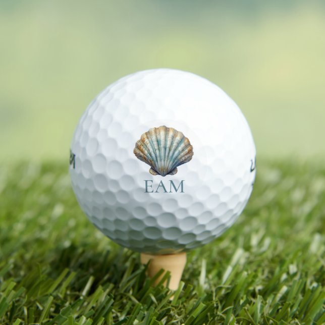 Coastal Blue Scallop Seashell Monogram Golf Balls (Insitu Tee)