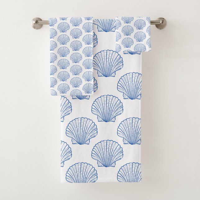 Coastal Blue Scallop Shells on White Bath Towel Set (Insitu)