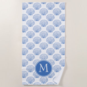 Coastal Blue Scallop Shells on White Monogram Beach Towel