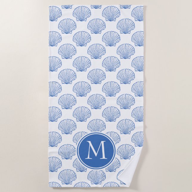 Coastal Blue Scallop Shells on White Monogram Beach Towel (Front)