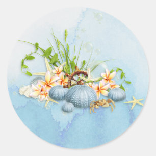 Coastal Blue Sea Urchin Floral Classic Round Sticker