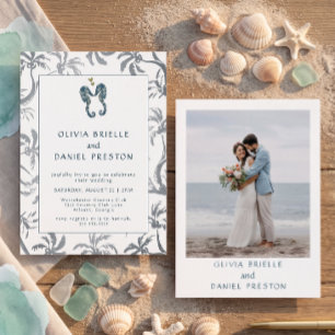 Coastal Blue Seahorse Beach Wedding Photo Invitation