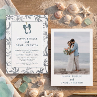 Coastal Blue Seahorse Beach Wedding Photo Invitation