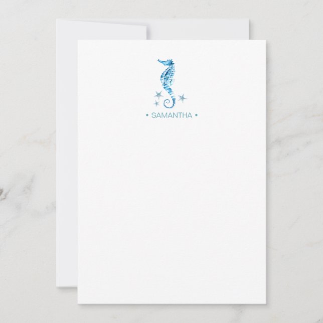 Coastal Blue Seahorse Personalised Stationery Card (Front)