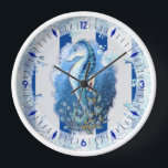 Coastal Blue Seahorse Wall Clock<br><div class="desc">Beautiful seahorse wall clock with coral surrounding him and blue and grey stripes in the background to help add a nautical theme to any beach house!  Choose your frame prior to placing into your shopping cart.</div>