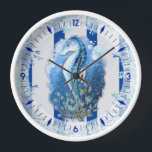 Coastal Blue Seahorse Wall Clock<br><div class="desc">Beautiful seahorse wall clock with coral surrounding him and blue and grey stripes in the background to help add a nautical theme to any beach house! Choose your frame prior to placing into your shopping cart.</div>