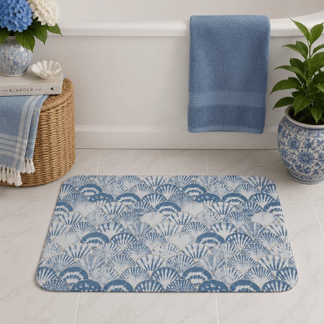 Coastal Blue Seashell Pattern Beach Bath Mat (Creator Uploaded)