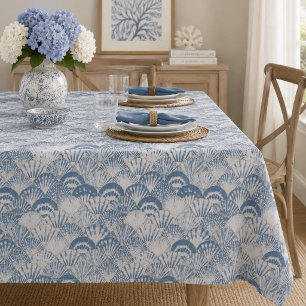 Coastal Blue Seashell Pattern Beach Tablecloth