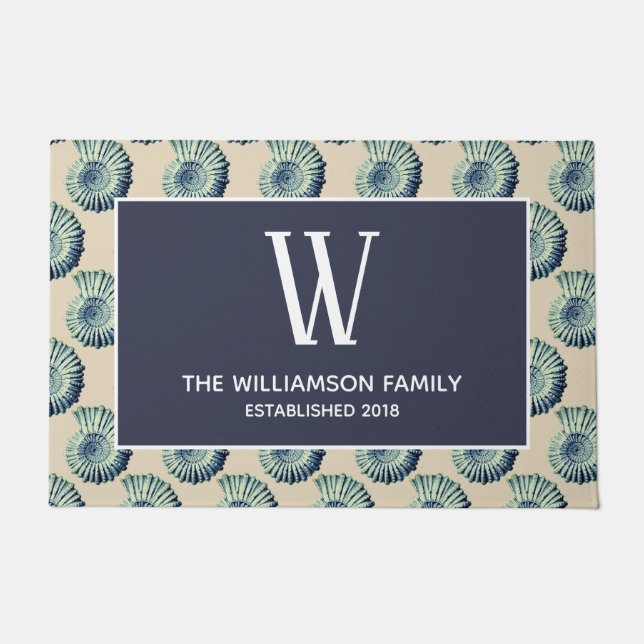 Coastal Blue Seashells & Family Name Doormat (Front)