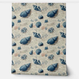 Coastal Blue Seashells On French Script Wallpaper