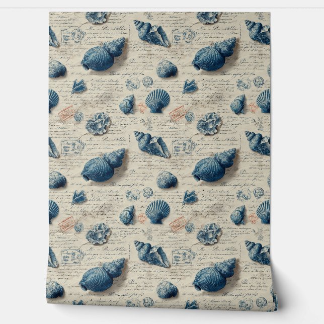 Coastal Blue Seashells On French Script Wallpaper (Unrolling)