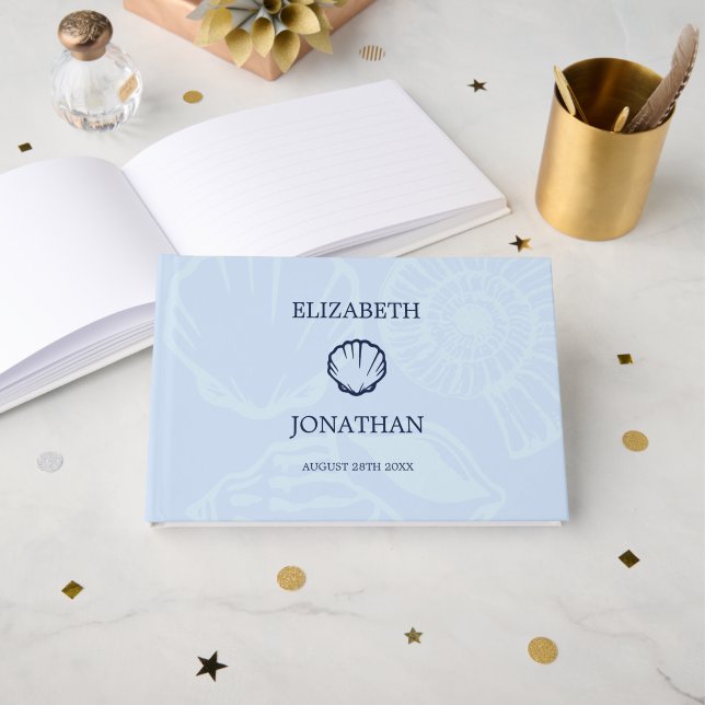 Coastal Blue Seashells Wedding Guest Book (Front Open)
