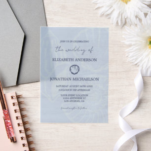 Coastal Blue Seashells Wedding Vellum Invitations