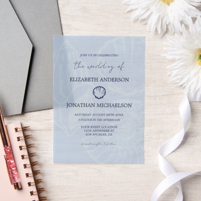 Coastal Blue Seashells Wedding Vellum Invitations (Wedding)