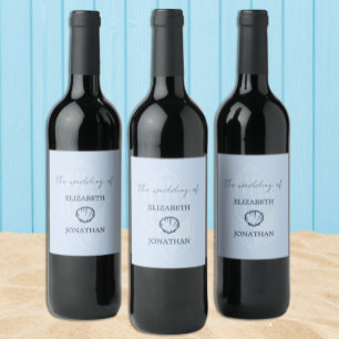 Coastal Blue Seashells Wedding Wine Label