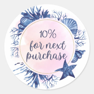 Coastal Blue Shells Watercolor 10% Off Discount Classic Round Sticker