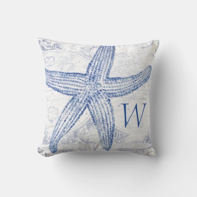 Coastal Blue Starfish Map Monogrammed Initial Cushion (Front)