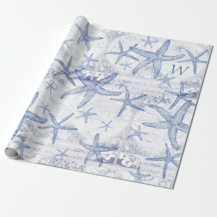 Coastal Blue Starfish Monogrammed Initial Wrapping Paper