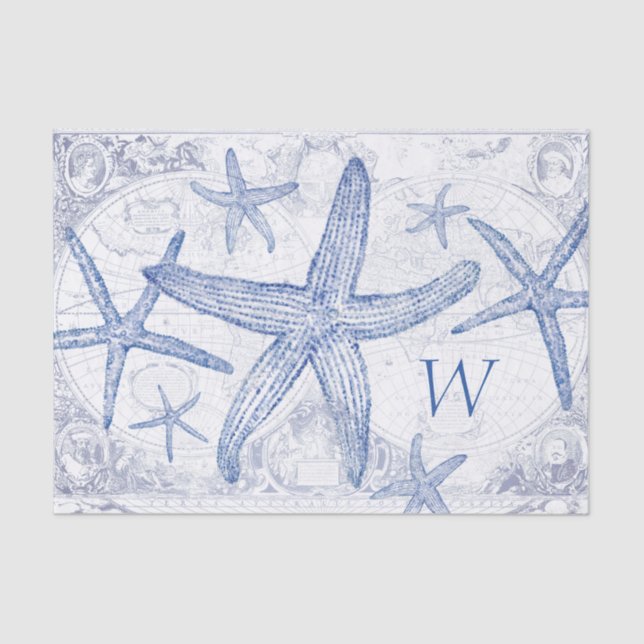 Coastal Blue Starfish Pattern Monogrammed Initial Tissue Paper (Front)