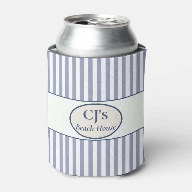 Coastal Blue Stripe Beach House  Can Cooler (Can Front)