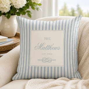 Coastal Blue Stripe Love Knot Family Name Cushion