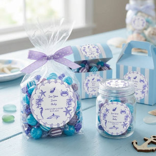 Coastal Blue Striped Sea You Soon Baby Shower Classic Round Sticker