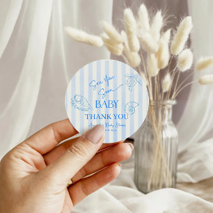 Coastal Blue Stripes Boy Sea You Soon Baby Shower Classic Round Sticker