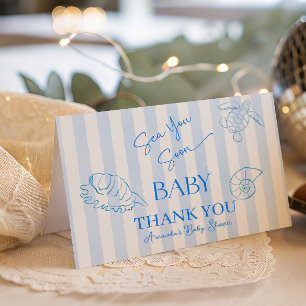 Coastal Blue Stripes Boy Sea You Soon Baby Shower Thank You Card