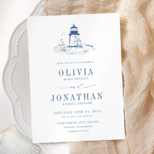 Coastal Blue Toile Lighthouse Wedding Invitation
