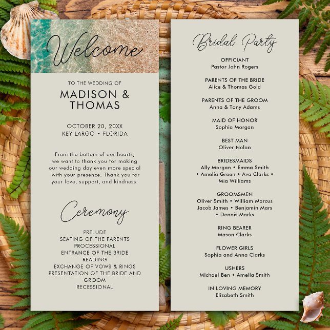 Coastal Blue Tropical Beach Destination Wedding Programme (Front / Back)