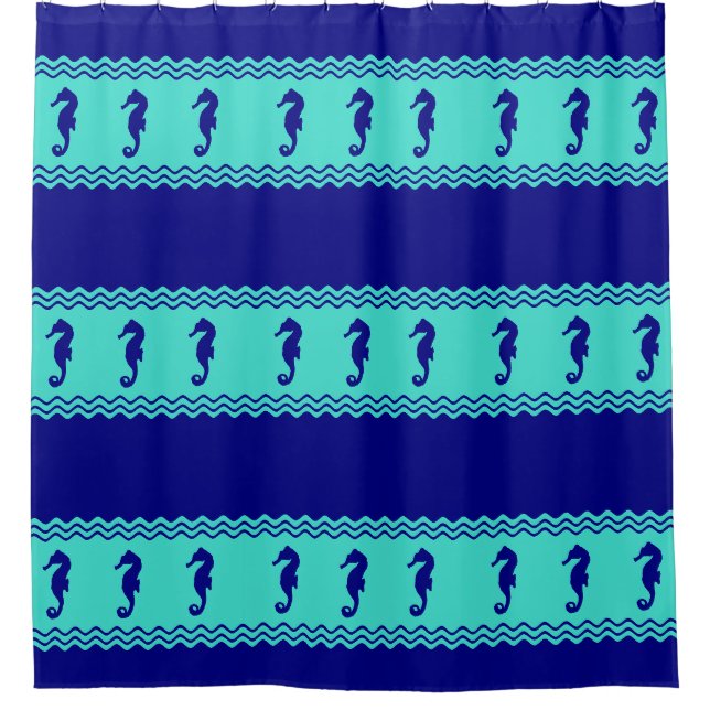 Coastal Blue Turquoise Ocean Seahorses Pattern Shower Curtain (Front)
