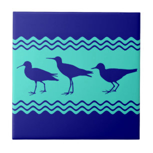 Coastal Blue Turquoise Sandpiper Birds Pattern Tile