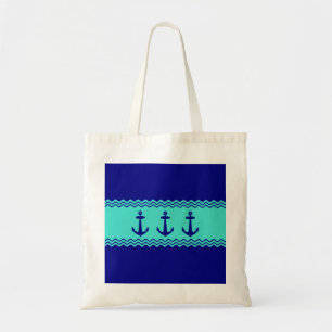 Coastal Blue Turquoise Stripe Anchor Nautical Tote Bag