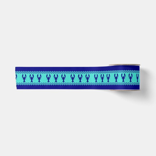 Coastal Blue Turquoise Stripe Lobster Pattern Satin Ribbon (Front)