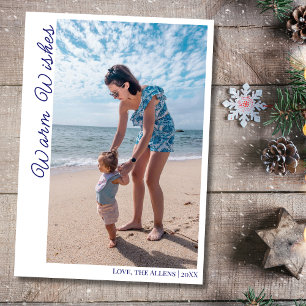 Coastal Blue Warm Wishes Two Beach Family Photo Holiday Card