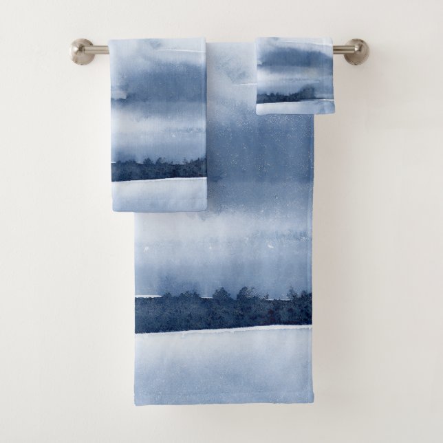 Coastal Blue Watercolor Ocean Wave Bath Towel Set (Insitu)