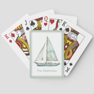 Coastal Blue Watercolor Sailboat Personalised Playing Cards