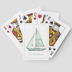 Coastal Blue Watercolor Sailboat Personalised Playing Cards