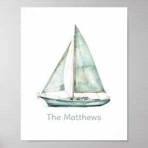 Coastal Blue Watercolor Sailboat Personalised Poster