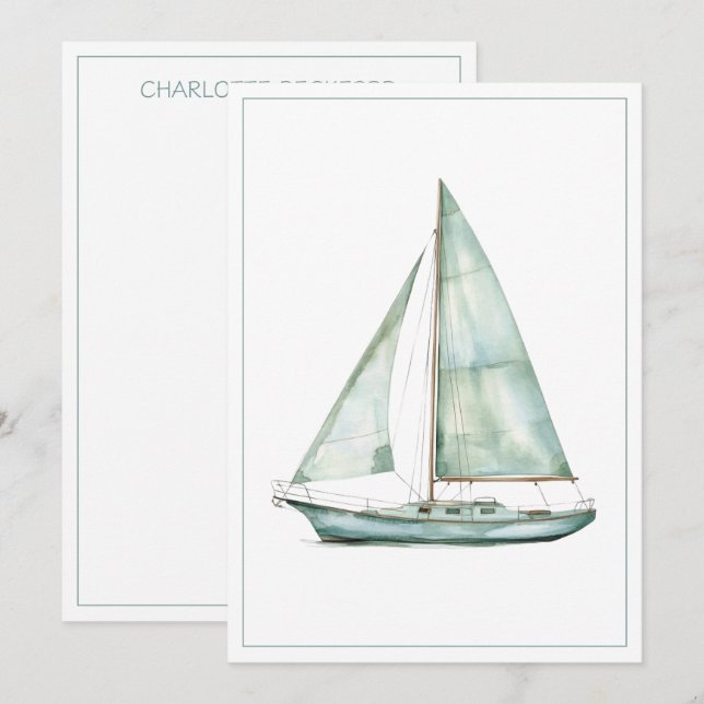 Coastal Blue Watercolor Sailboat Personalized Note Card (Front/Back)