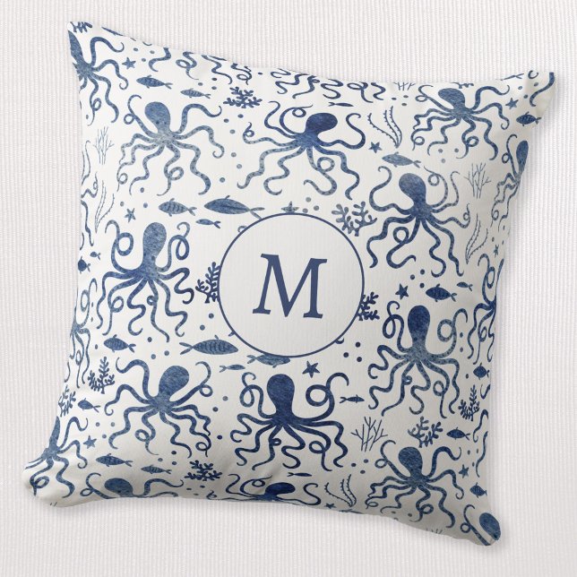 Coastal Blue Watercolor Undersea Octopus Monogram Cushion (Modern monogram initial personalized watercolor blue and white octopus coastal throw pillow)
