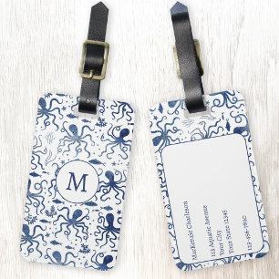 Coastal Blue Watercolor Undersea Octopus Monogram Luggage Tag