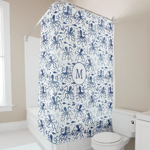 Coastal Blue Watercolor Undersea Octopus Monogram Shower Curtain