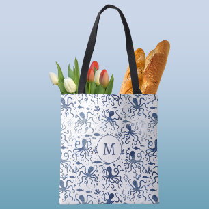 Coastal Blue Watercolor Undersea Octopus Monogram Tote Bag